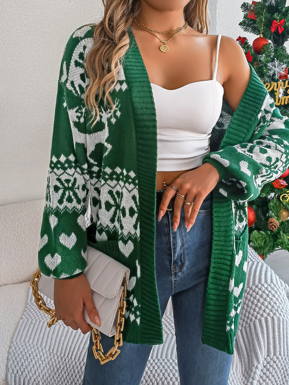 Pocketed Open Front Long Sleeve Cardigan in dark green