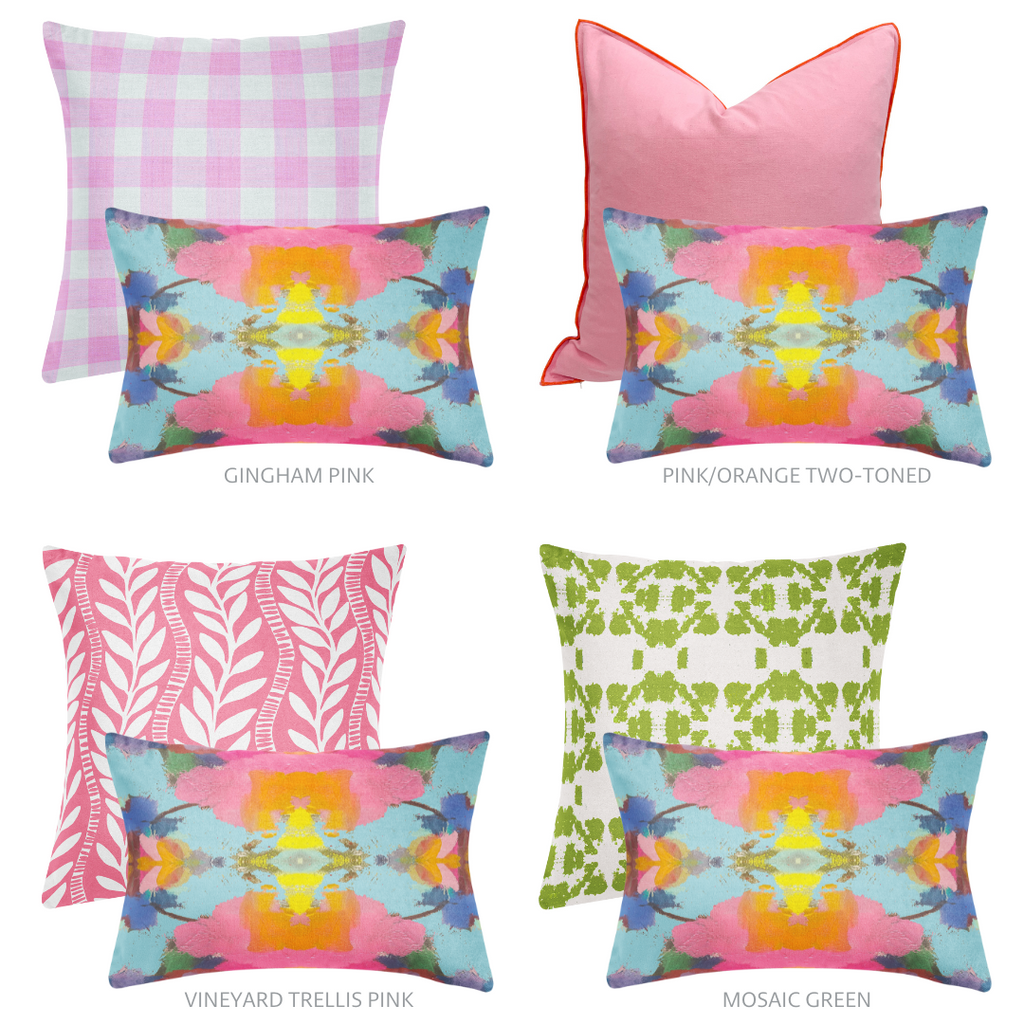 Pink Paradise Linen Throw Pillow with complementary pillows
