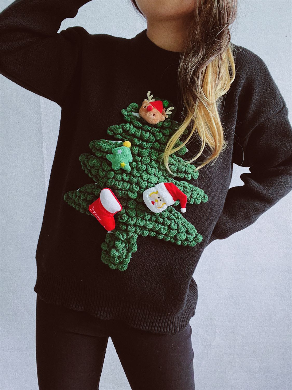 Christmas Tree Round Neck Long Sleeve Sweater in black