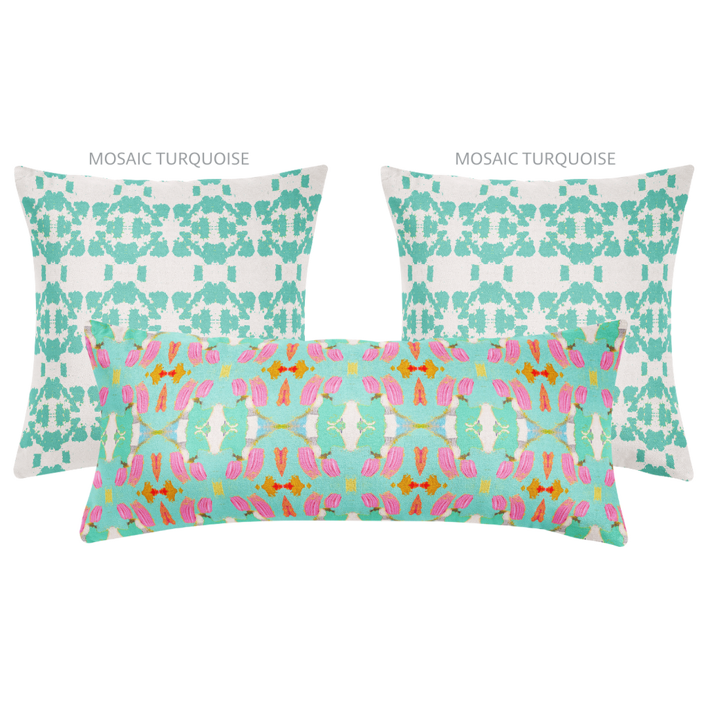 Birds of Paradise Throw Pillow bolster paired with Mosaic Turquoise