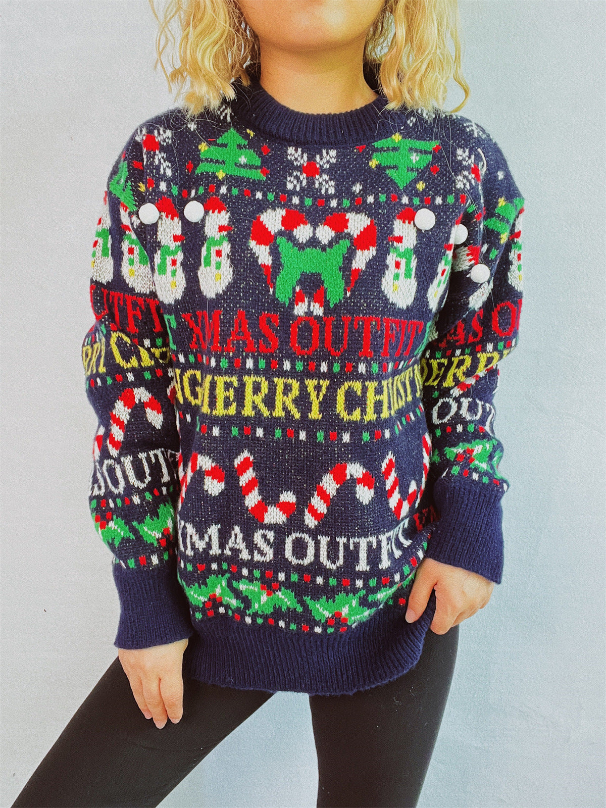 Christmas Pattern Round Neck Long Sleeve Sweater in dark blue