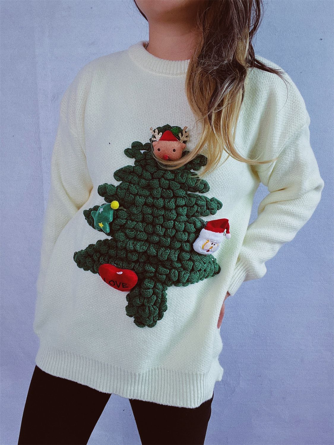 Christmas Tree Round Neck Long Sleeve Sweater in white