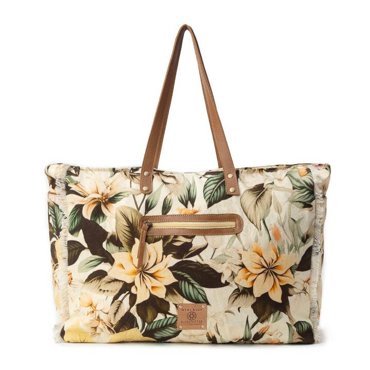 Lovely Florals Weekender Bag in off white has an exterior zipper pocket