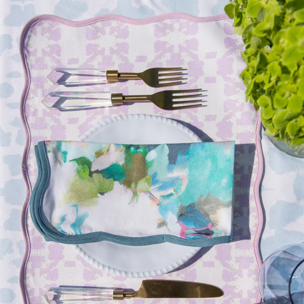 Mosaic Lavender Scalloped Placemats and Clear Acrylic Flatware
