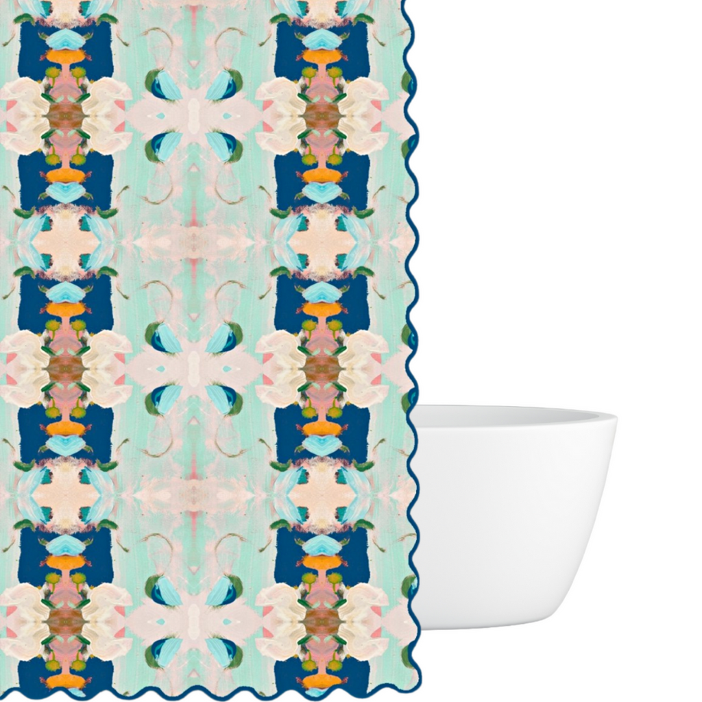 Monet's Garden Navy Scalloped Shower Curtain adds color and style to your bath