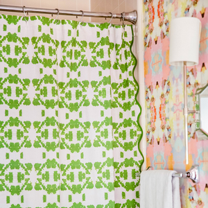 Mosaic Green Scalloped Shower Curtain with complementing Laura Park Designs wallpaper