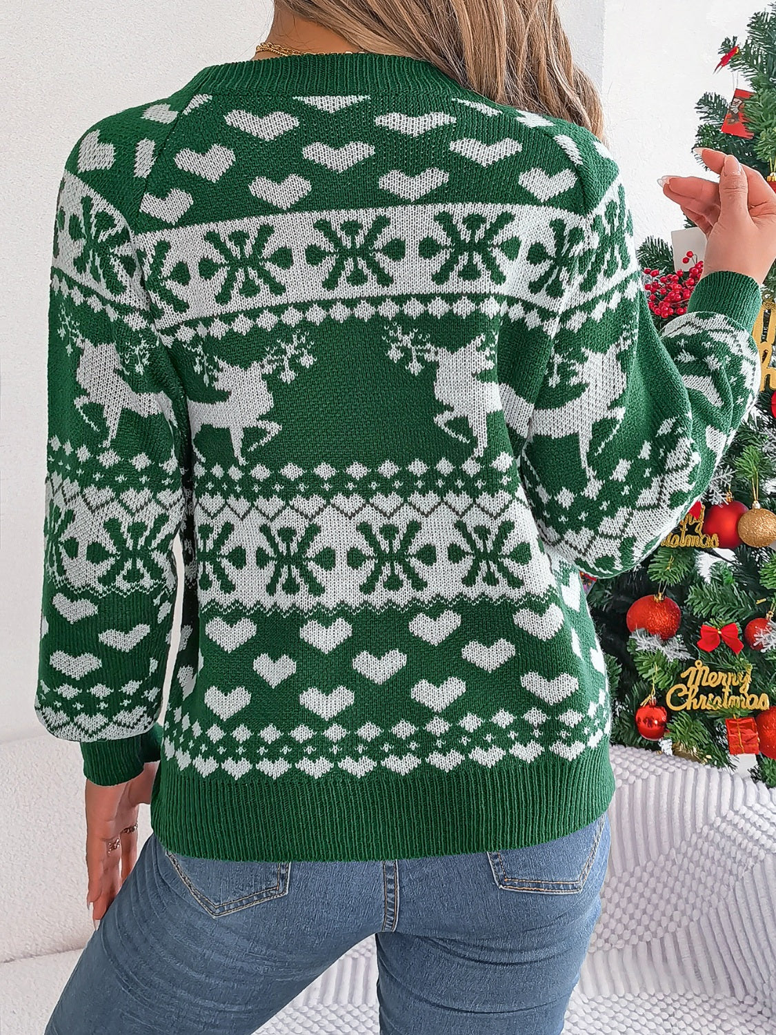 Christmas Element Round Neck Long Sleeve Sweater in dark green