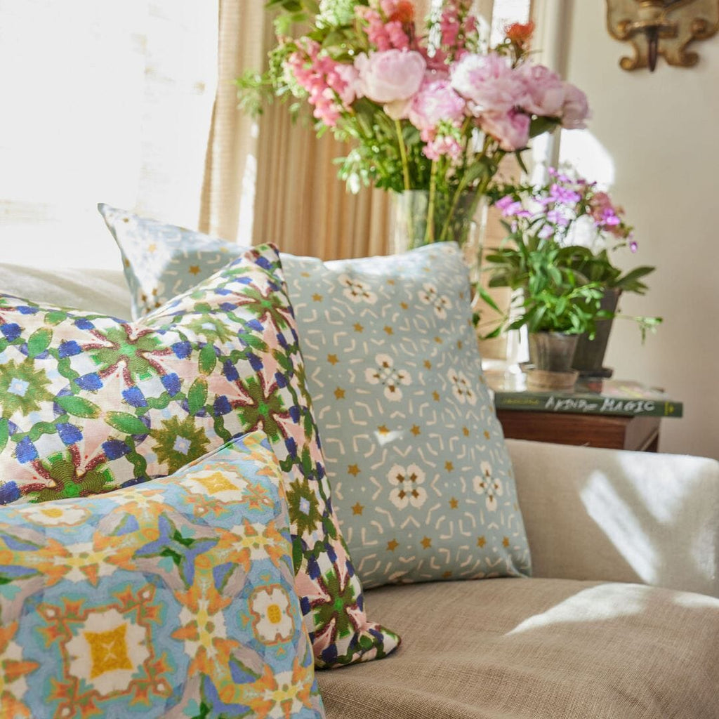 Lady Di Blue Throw Pillow lifestyle sofa display