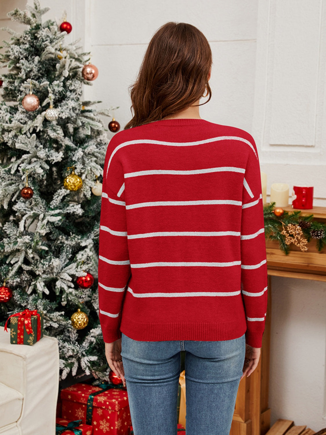 Sequin Santa Striped Round Neck Long Sleeve Sweater in scarlet