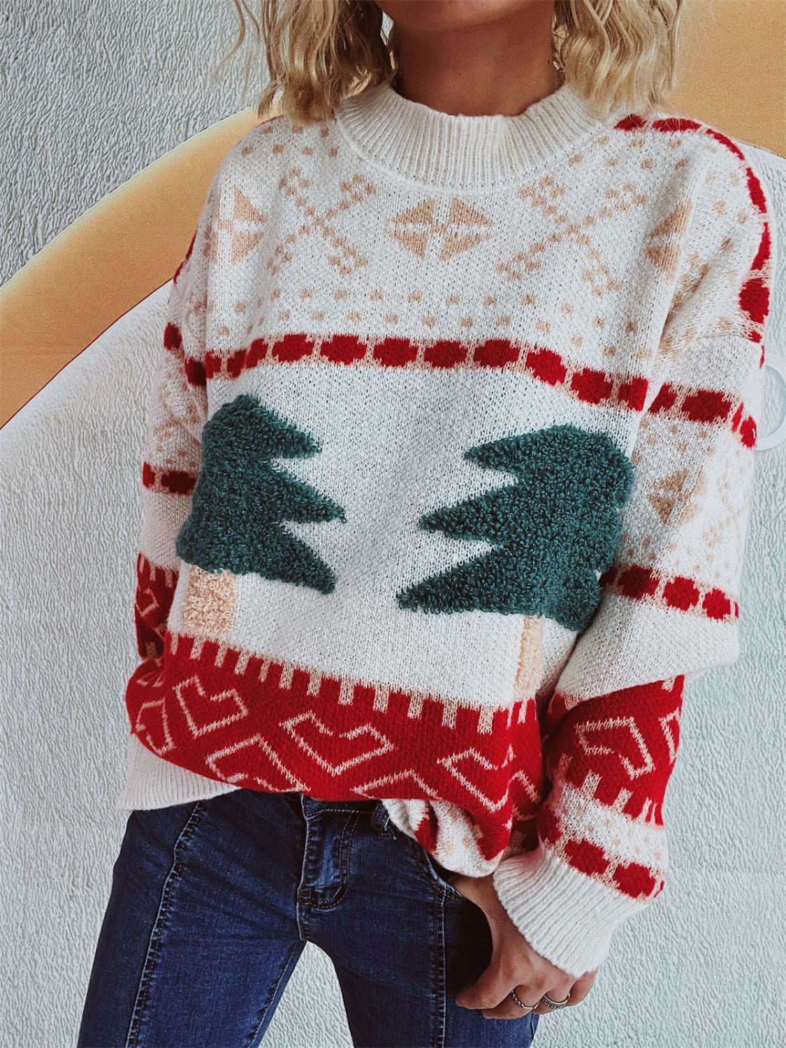 Christmas Tree Mock Neck Long Sleeve Sweater in beige