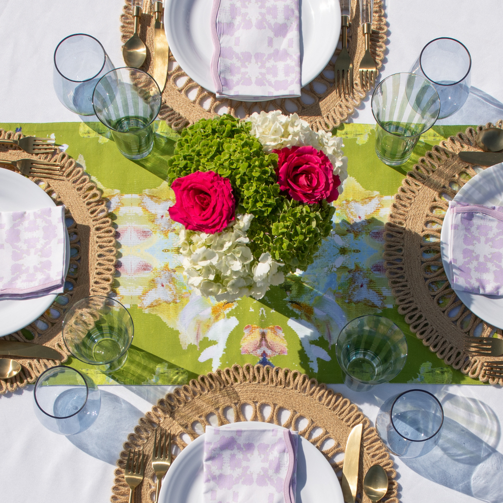 Stained Glass Green Table Runner accents your centerpieces