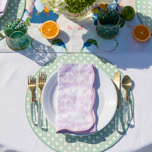 Mosaic Lavender Scalloped Dinner Napkins with Clear Acrylic flatware