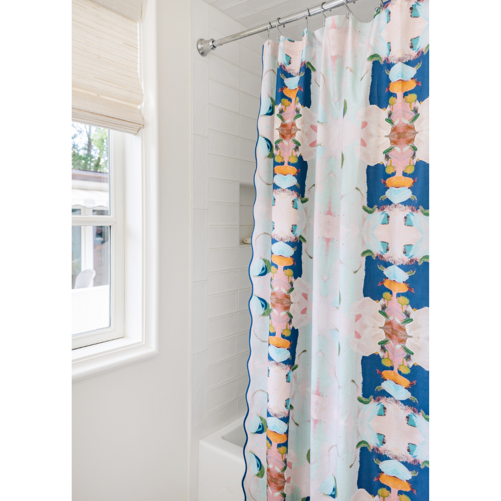 Monet's Garden Navy Scalloped Shower Curtain lifestyle view