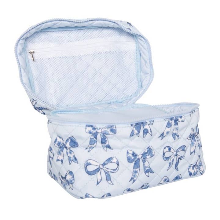 Light Blue Toile Coquette Bows Makeup Bag with interior mesh pocket