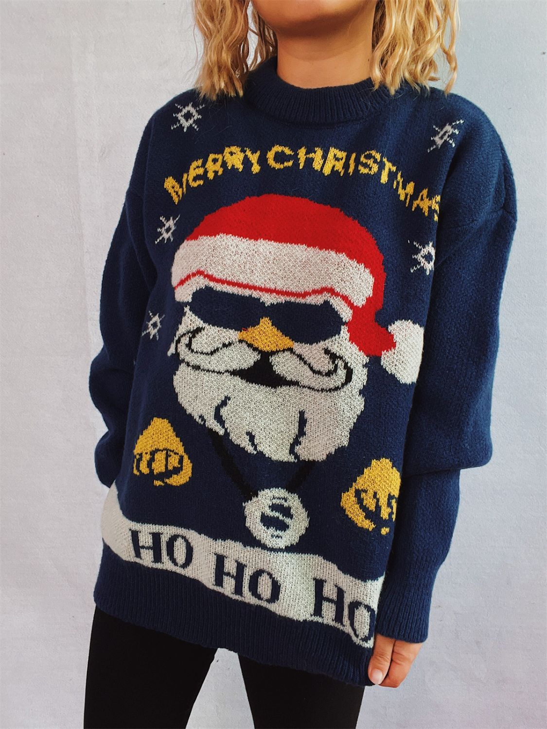 Santa Round Neck Long Sleeve Sweater in dark blue