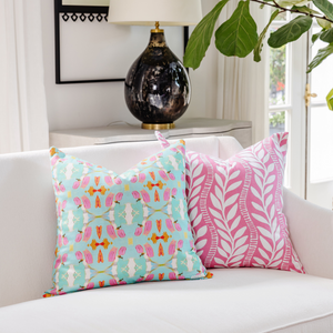 Birds of Paradise Throw Pillow shown with Vineyard Trellis Pink by Lucy Grymes
