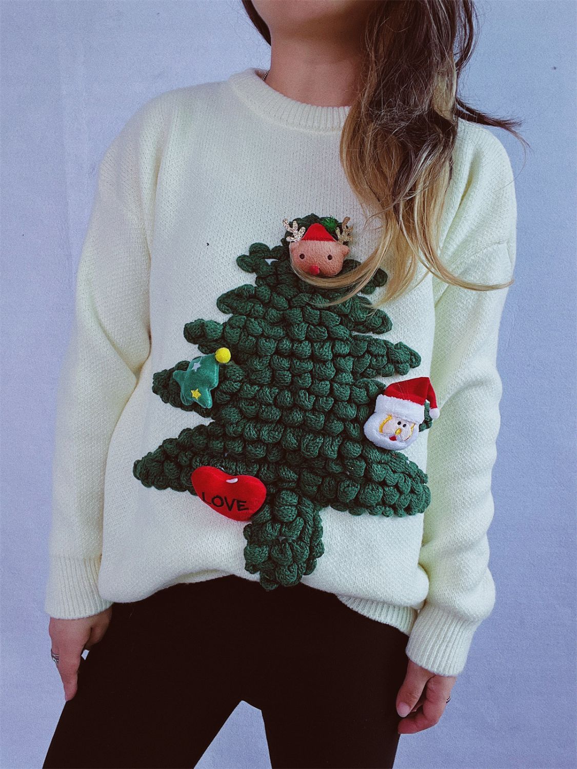 Christmas Tree Round Neck Long Sleeve Sweater in white