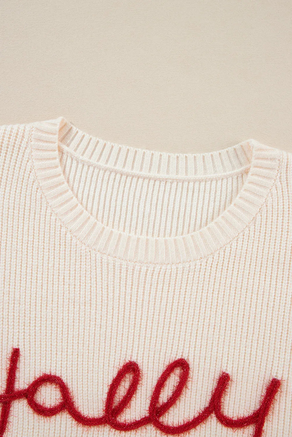 Letter Round Neck Long Sleeve Sweater in ivory