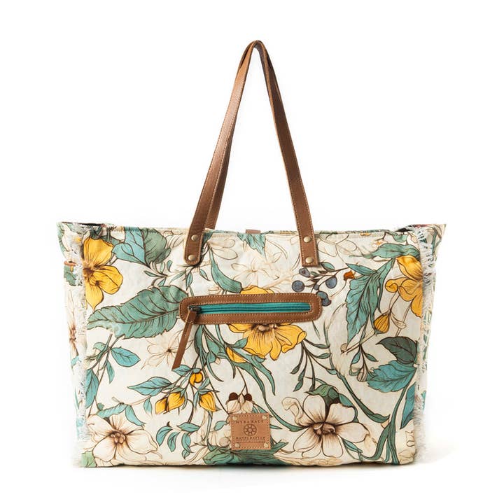Lovely Florals Weekender Bag in light green has an exterior zipper pocket