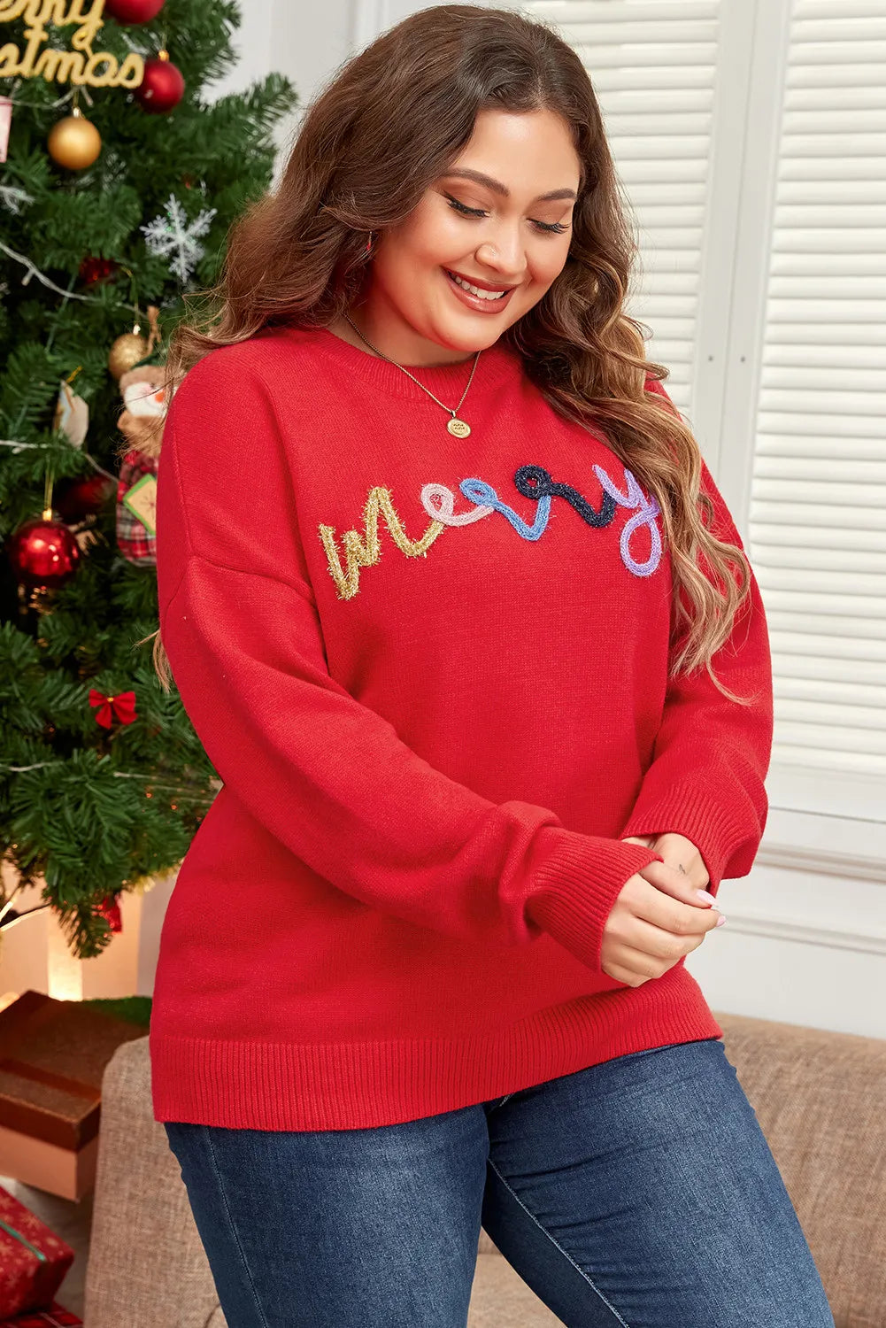 Plus Size MERRY Round Neck Long Sleeve Sweater in deep red