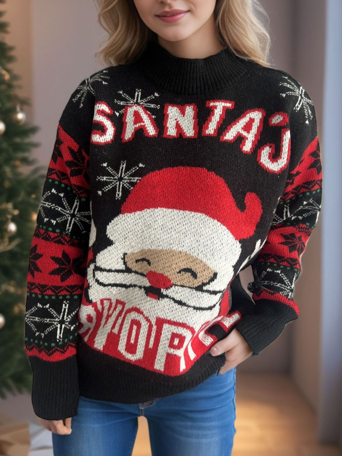 Santa Mock Neck Long Sleeve Sweater in black