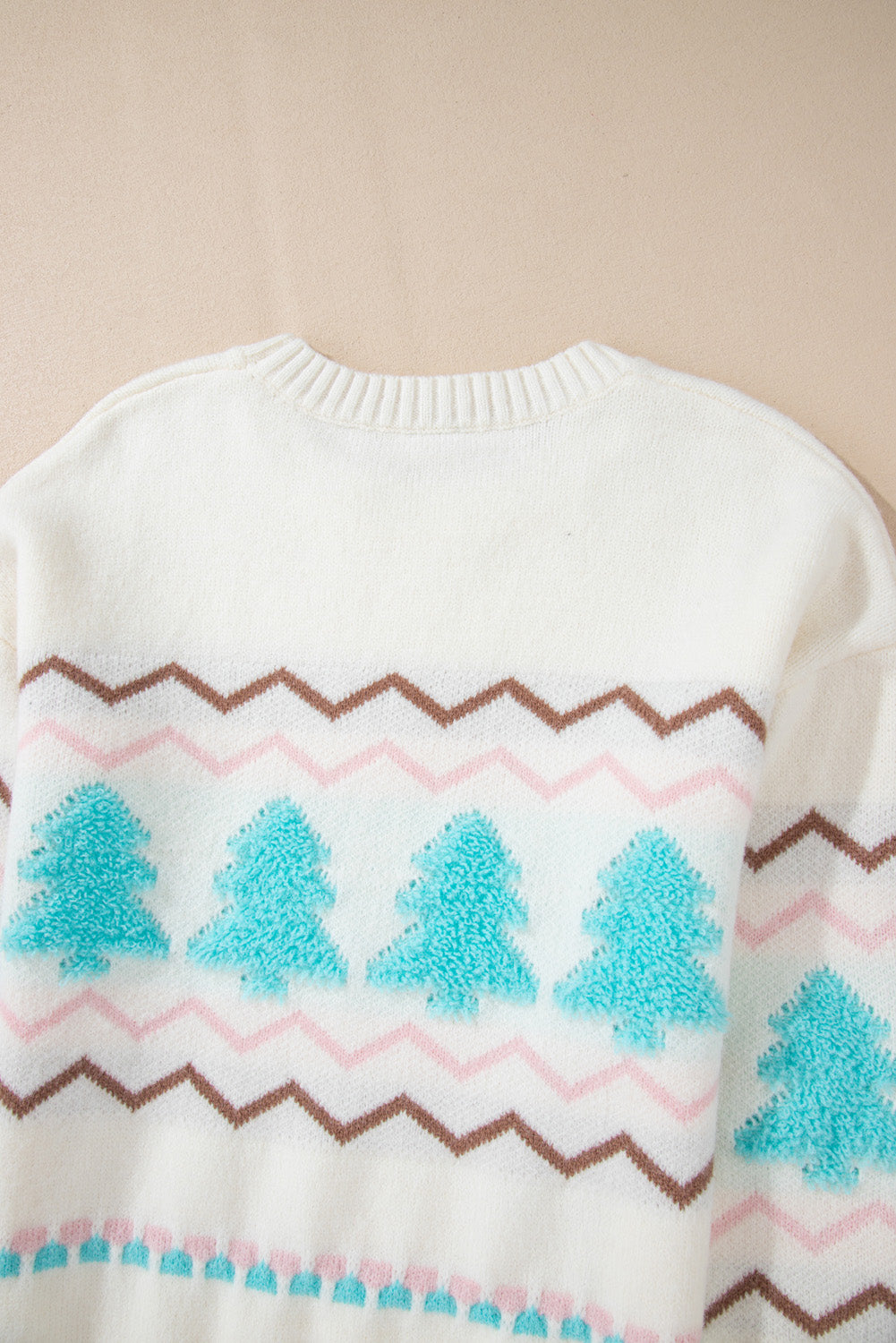 Christmas Tree Ribbed Hem Dropped Shoulder Sweater in white