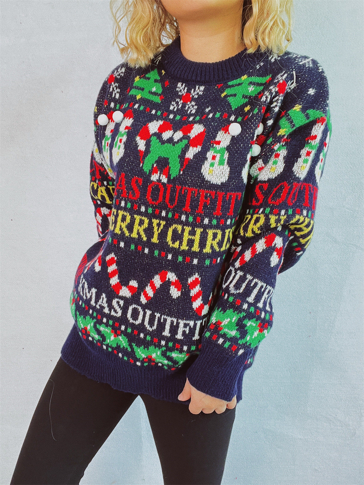 Christmas Pattern Round Neck Long Sleeve Sweater in dark blue