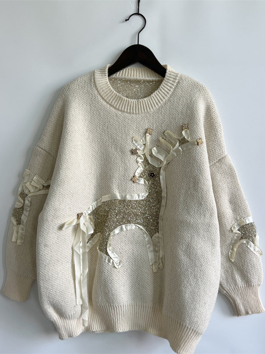 Reindeer Round Neck Long Sleeve Sweater in beige