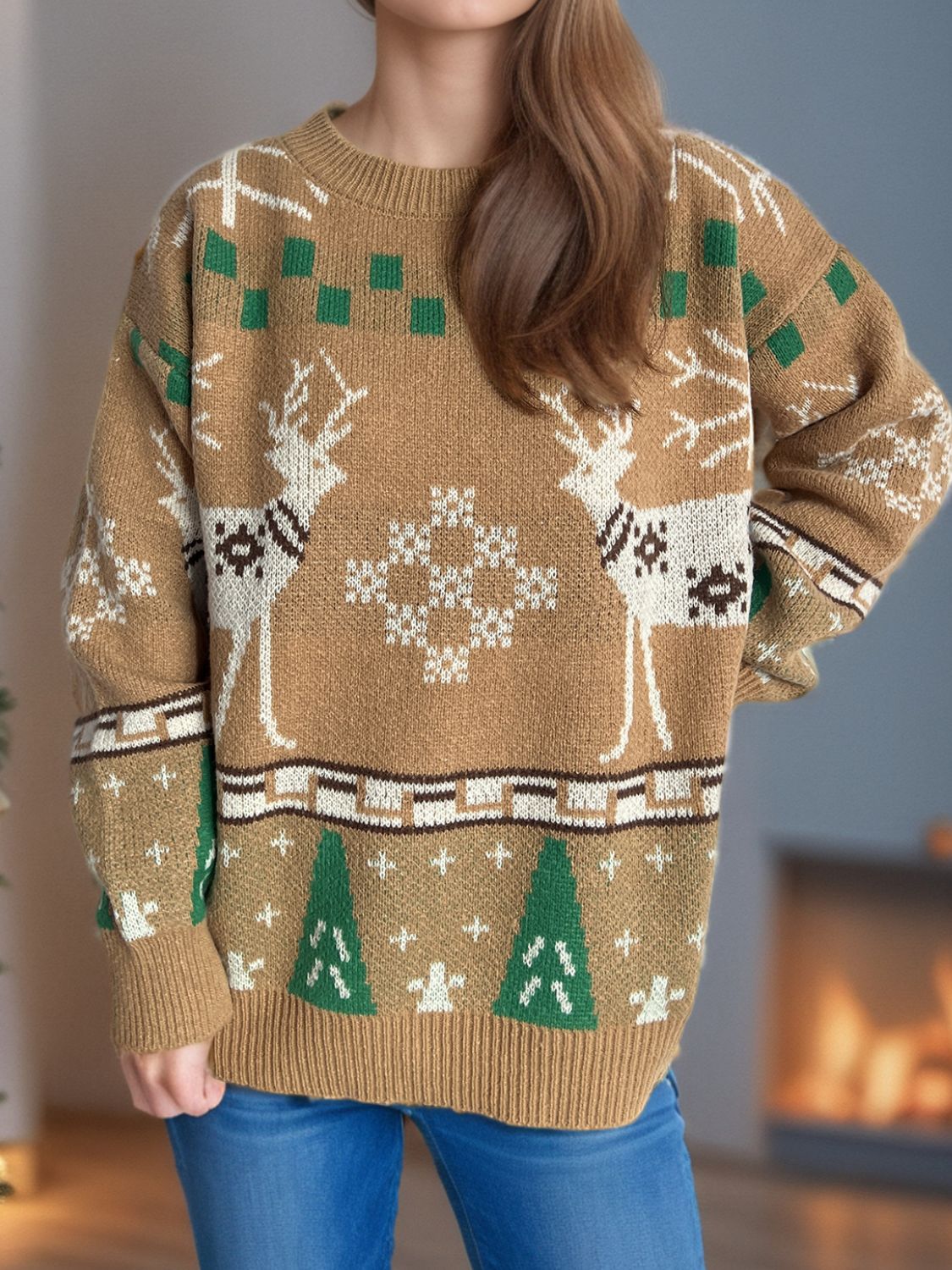 Christmas Element Round Neck Long Sleeve Sweater in tan