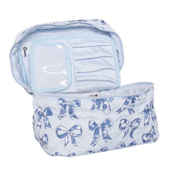 Light Blue Toile Coquette Bows Makeup Bag has brush inserts