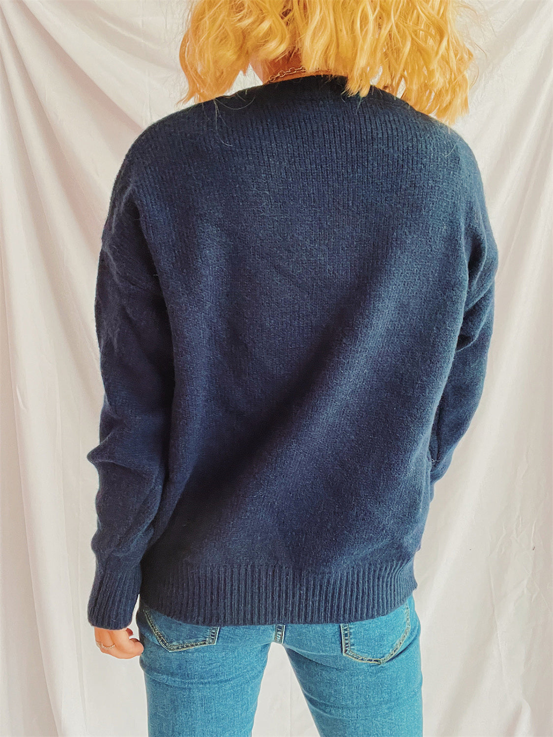 Contrast Star Round Neck Long Sleeve Sweater in indigo