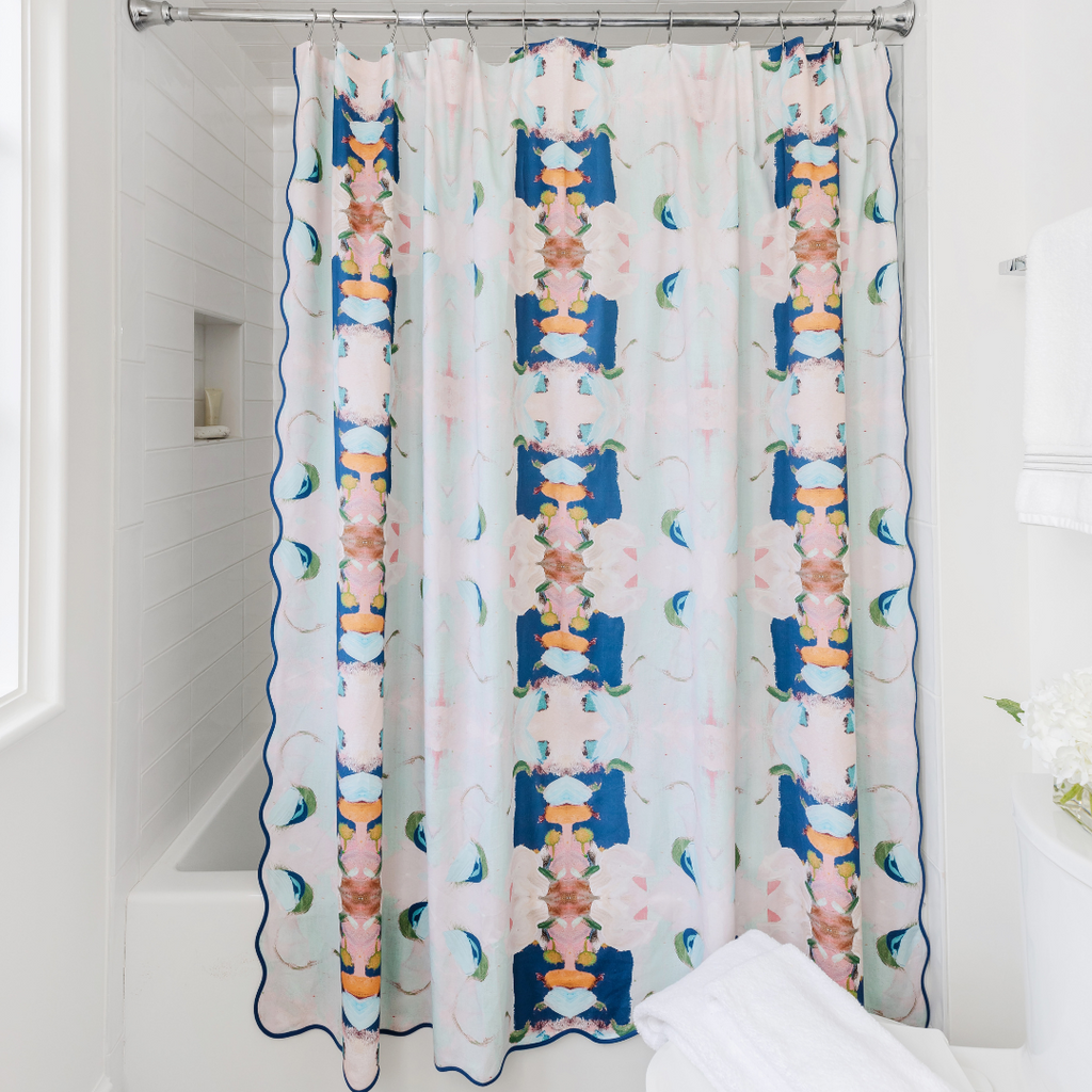 Monet's Garden Navy Scalloped Shower Curtain lifestyle full view