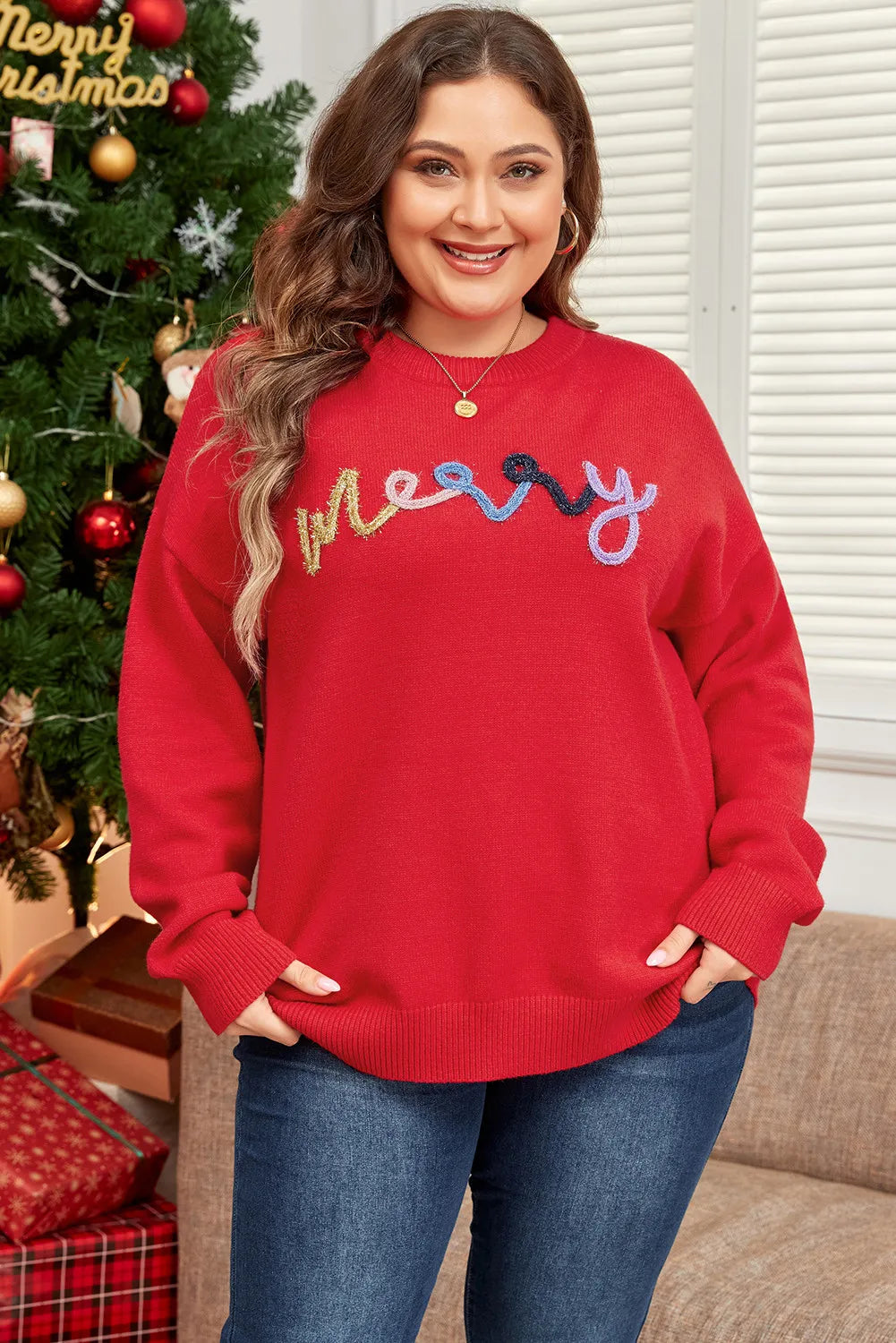 Plus Size MERRY Round Neck Long Sleeve Sweater in deep red