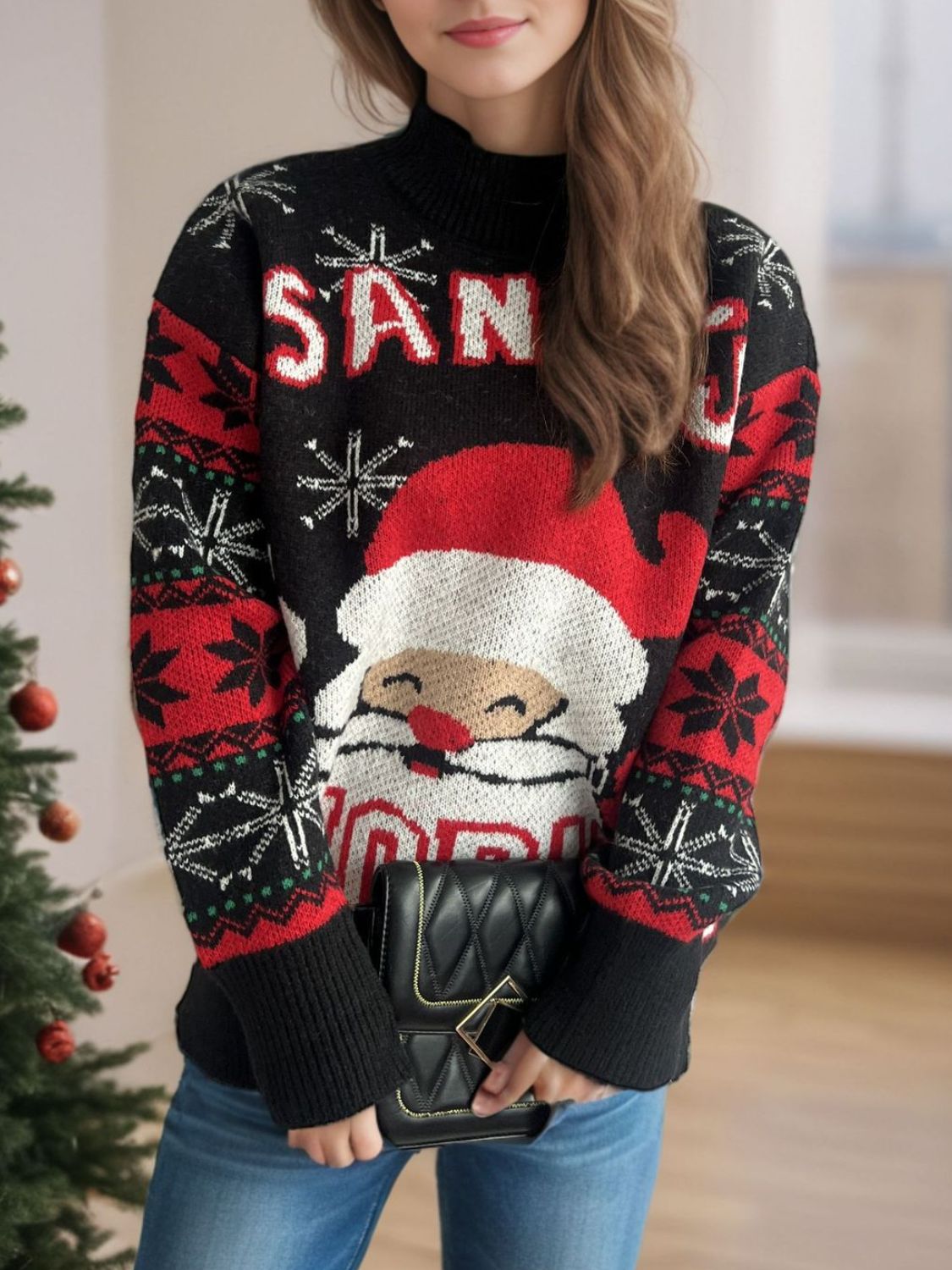 Santa Mock Neck Long Sleeve Sweater in black