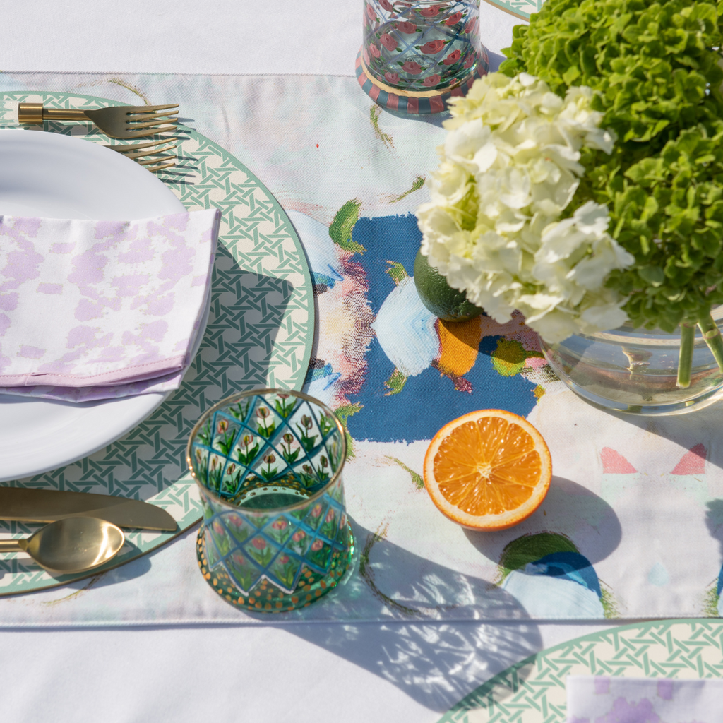 Monet's Garden Navy Table Runner makes for an elegant centerpiece