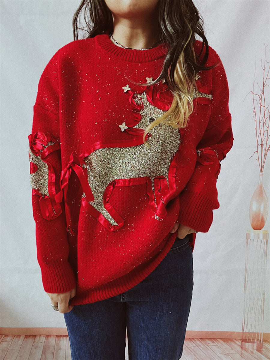 Reindeer Round Neck Long Sleeve Sweater in red