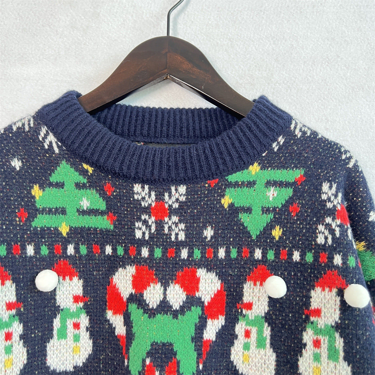 Christmas Pattern Round Neck Long Sleeve Sweater in dark blue