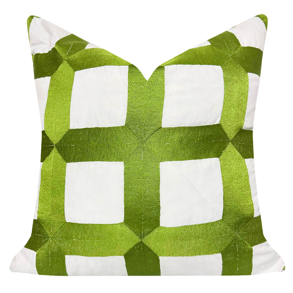 Embroidered Square Lattice Green 22&quot;x22&quot; Throw Pillow