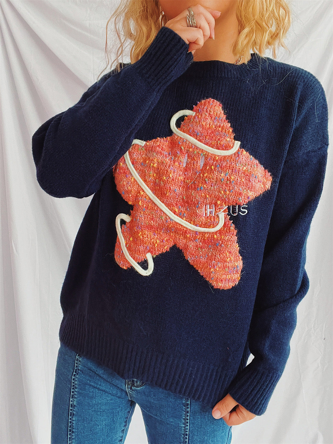 Contrast Star Round Neck Long Sleeve Sweater in indigo