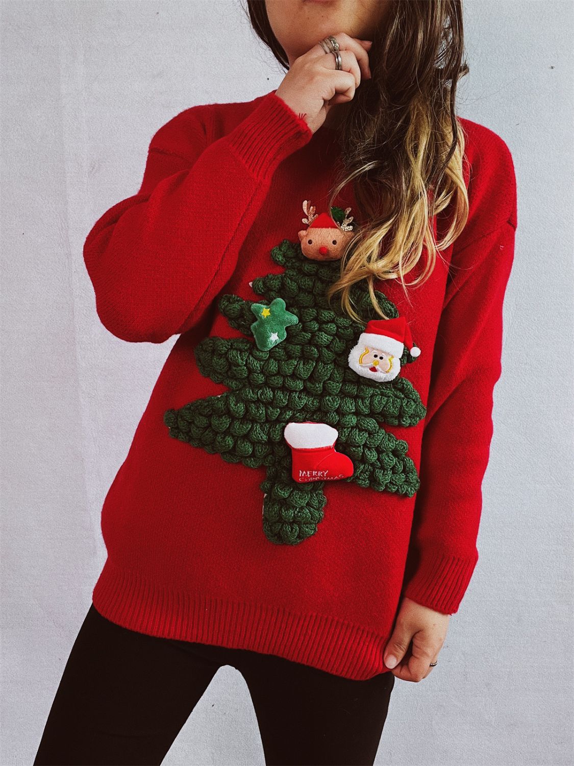 Christmas Tree Round Neck Long Sleeve Sweater in deep red