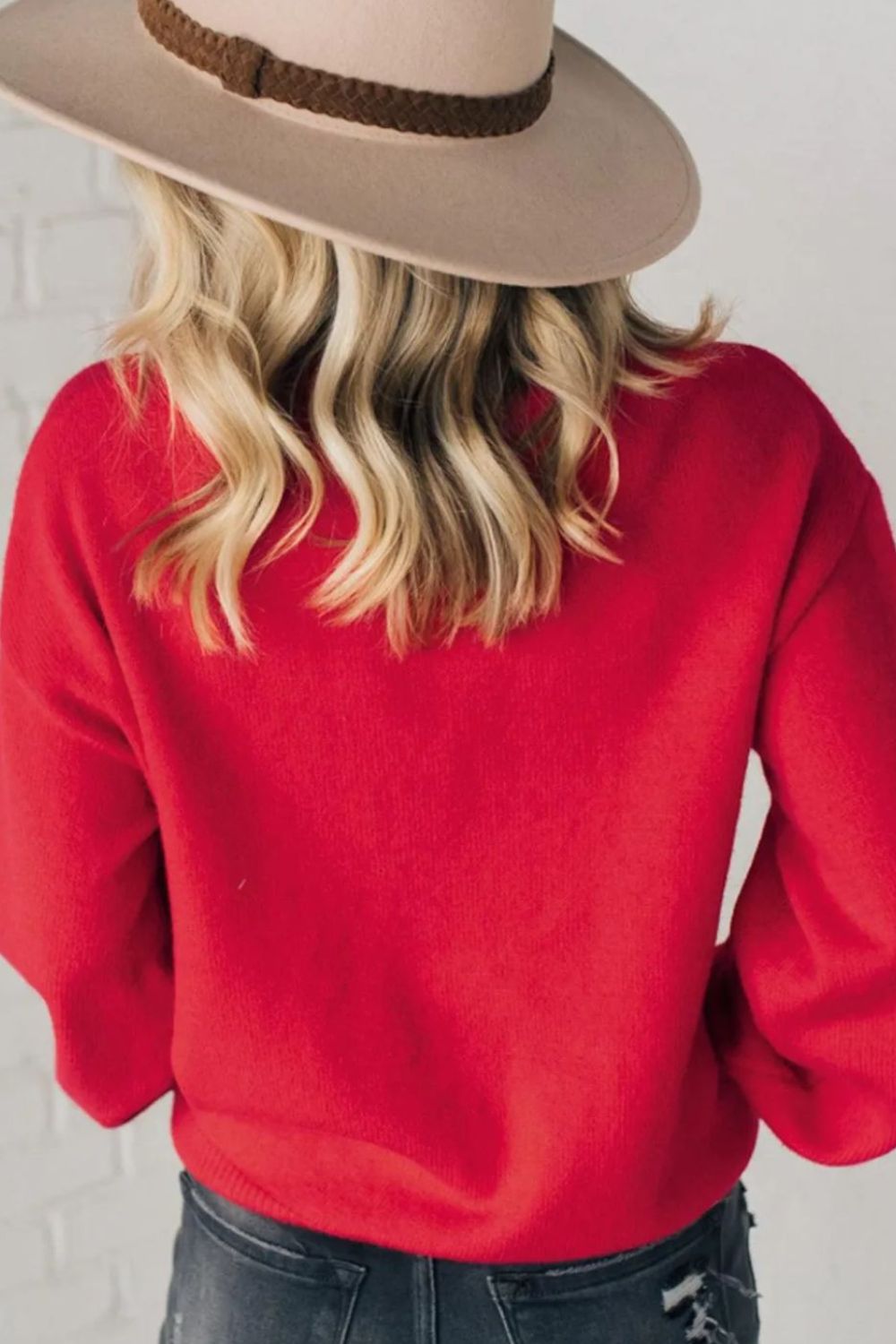 Letter Pearl Detail Round Neck Long Sleeve Sweater in deep red