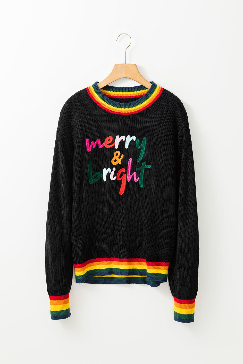 MERRY & BRIGHT Ribbed Round Neck Sweater in black