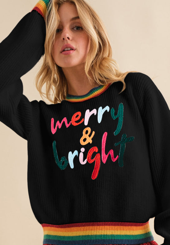 MERRY & BRIGHT Ribbed Round Neck Sweater in black