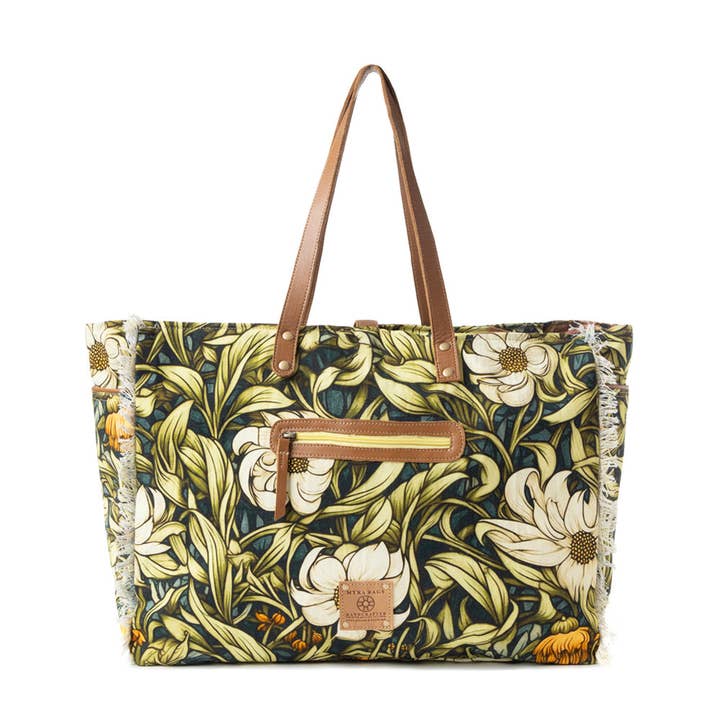 Lovely Florals Weekender Bag in dark green has an exterior zipper pocket