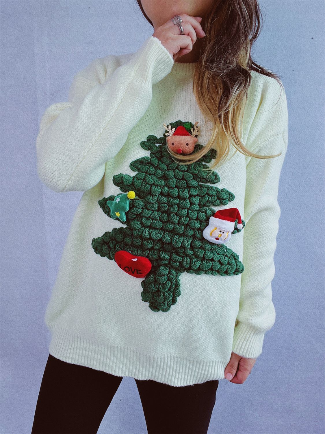 Christmas Tree Round Neck Long Sleeve Sweater in white