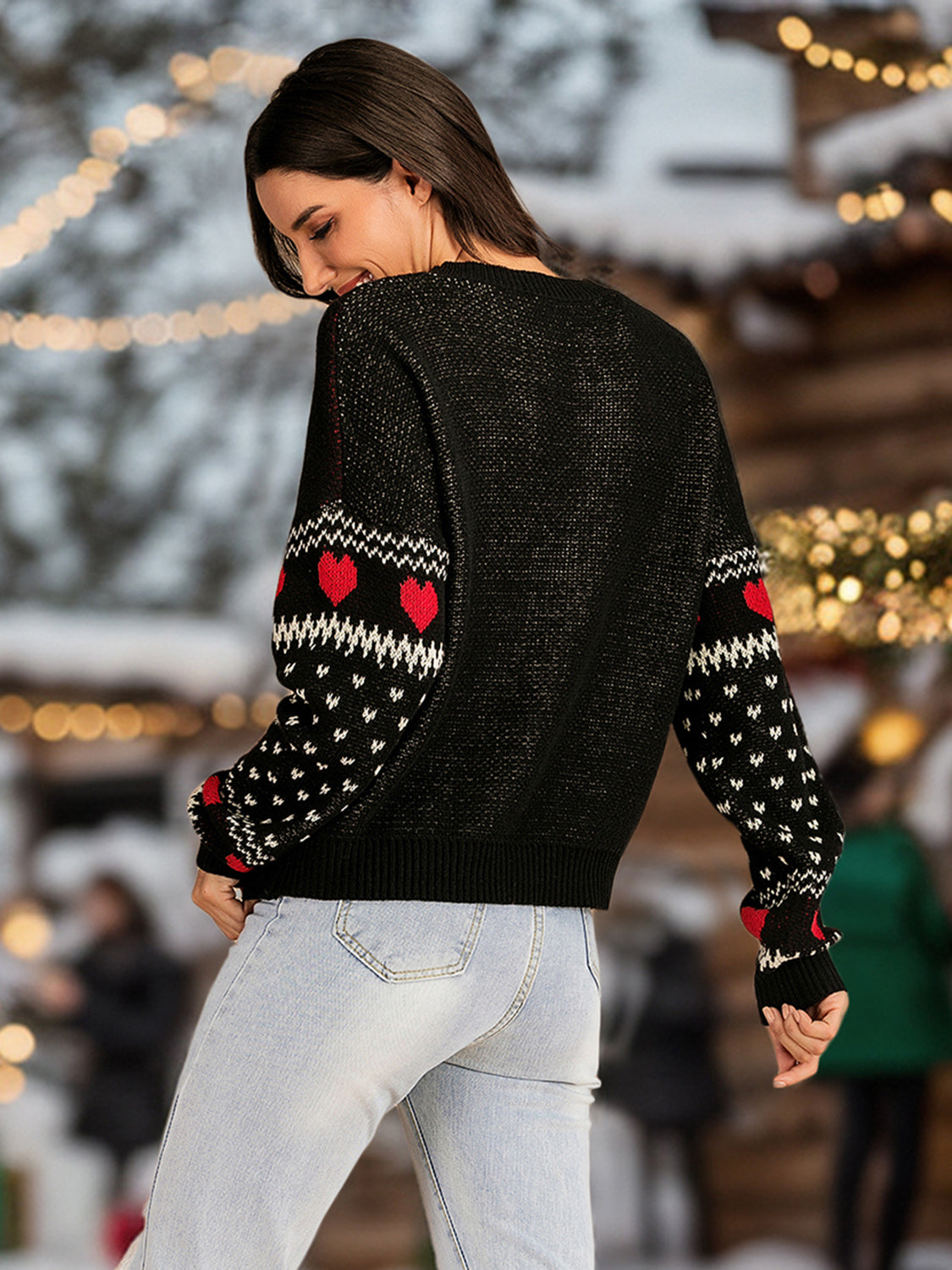 Perfee Christmas Element Round Neck Sweater in black