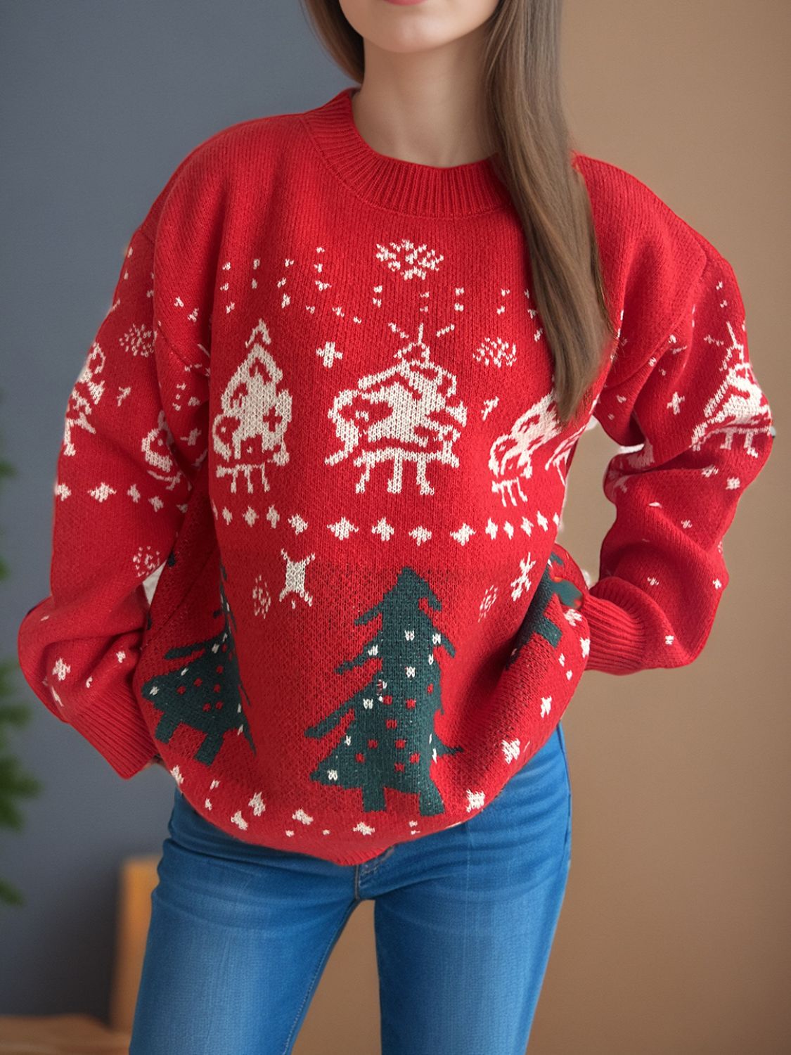 Christmas Element Round Neck Long Sleeve Sweater in scarlet