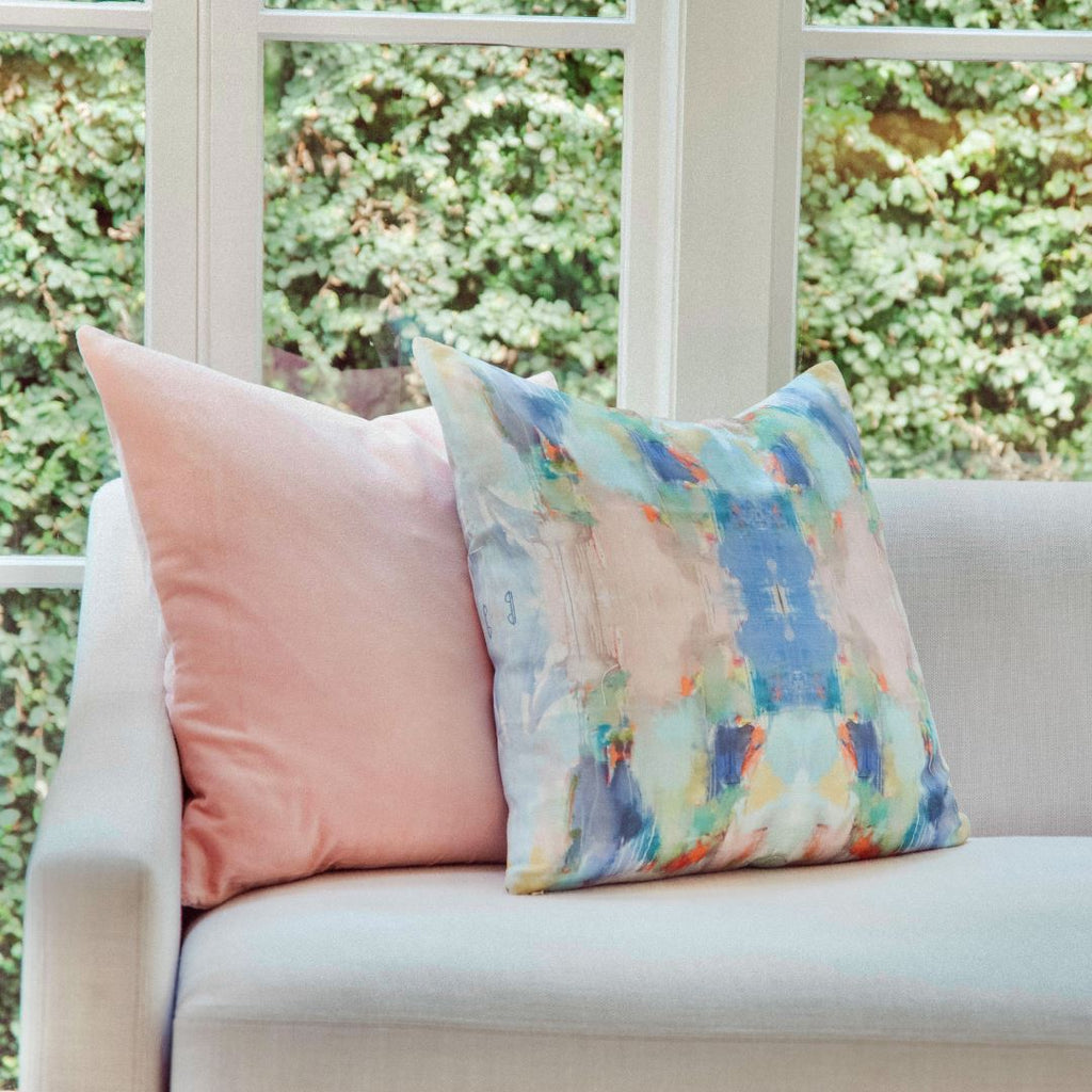 Blush Pink Velvet Pillow sofa setting