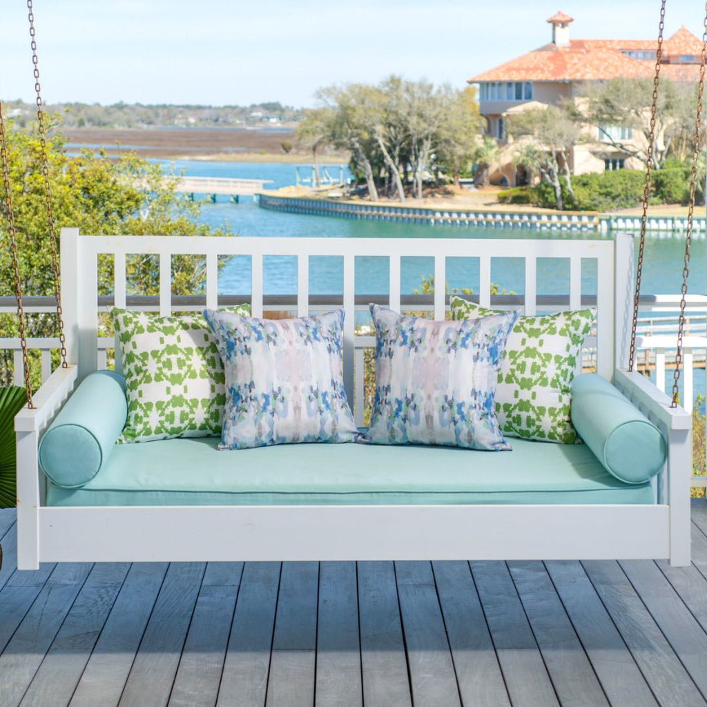 Mosaic Green Outdoor Pillow lifestyle display with complementing patterns