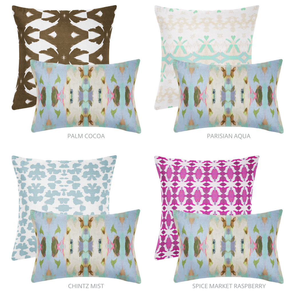 Summer Garden Light Blue Throw Pillow with complementary patterns